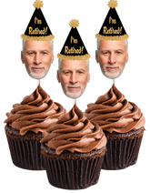Custom photo cupcake toppers printed with a person's face, attached to lollipop sticks, celebrating retirement.